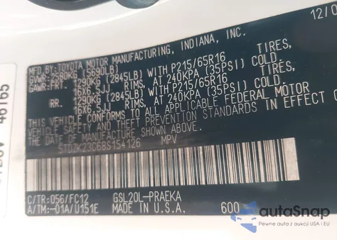 2008 Toyota Sienna Le from USA, damaged, VIN 5TDZK23C68S154126